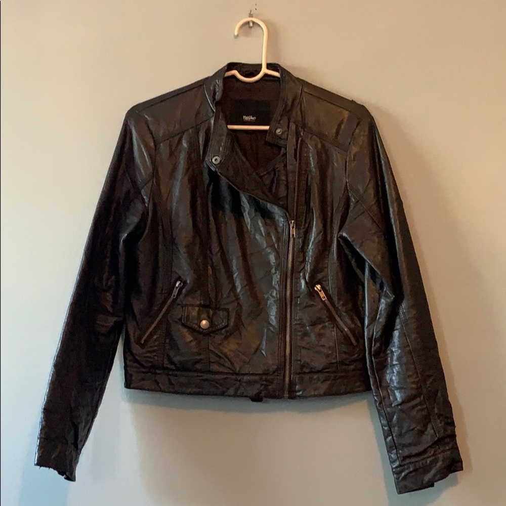 Dark brown, faux leather, biker jacket.